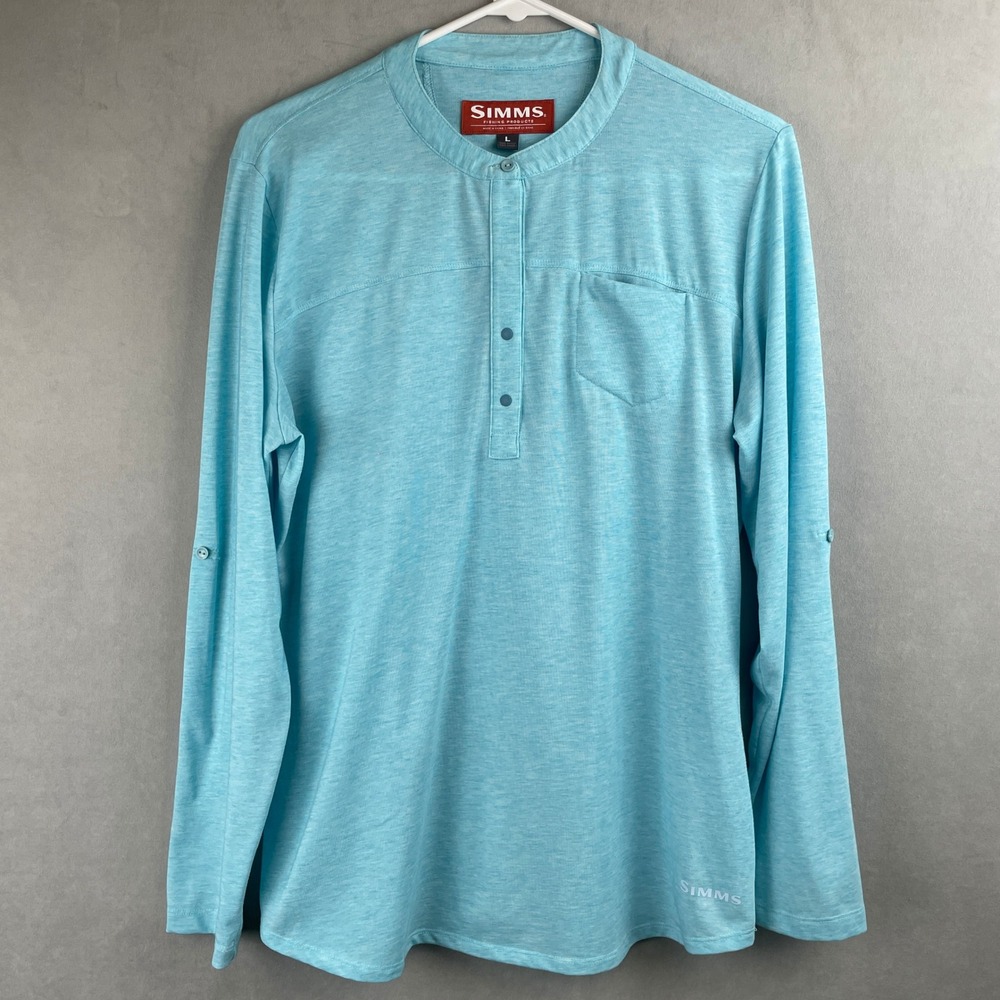 Simms Fishing Shirt Wmns L Blue Heather Roll Tab Tencel Stretch Gorp Henley Top